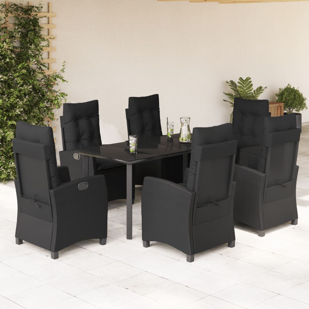 7-tlg. Garten-Essgruppe mit Kissen Schwarz Poly Rattan